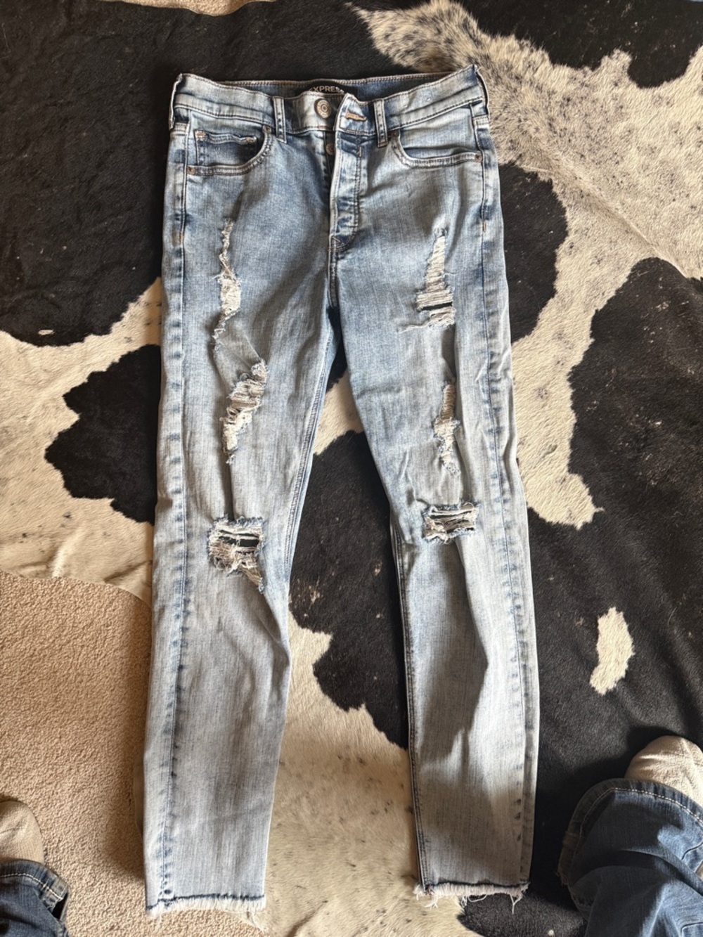 Express Light Blue Frayed Hem Skinny Jeans